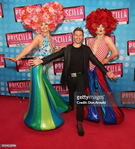 Matthew Mitcham poses alongside drag queens during the Priscilla Queen of the Desert Opening Night at Capitol Theatre on May 17, 2018 in Sydney,...