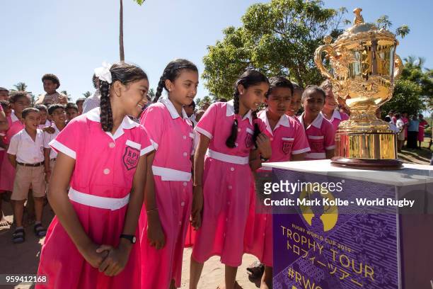 Students from the Kulu Kulu Public School view the Webb Ellis Cup at the Kulu Kulu Public School on May 17, 2018 in Sigatoka, Fiji.