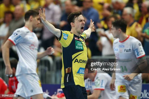 Patrick Groetzki of Rhein-Neckar Loewen celebrates a goal during the DKB HBL match between Rhein-Neckar Loewen and SC Magdeburg at SAP Arena on May...