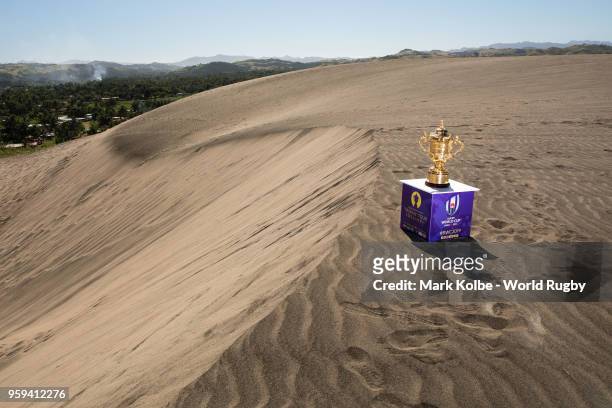 The Webb Ellis Cup is photographed at the The Sigatoka Sand Dunes National Park on May 17, 2018 in Sigatoka, Fiji.
