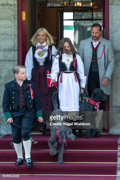 Prince Sverre Magnus of Norway, Princess Mette Marit of Norway and Princess Ingrid Alexandra of Norway and Crown Prince Haakon of Norway wearing...