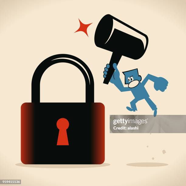 businessman holding a big hammer and breaking the lock to unlock - password strength stock illustrations