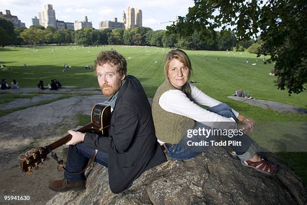 Musicians Glen Hansard and Marketa Irglova of the band Swell Season pose for a portrait in Central Park's Sheep Meadow in New York City on September...