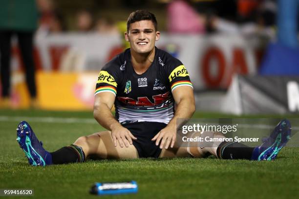 Nathan Cleary of the Panthers warms up during the round 11 NRL match between the Penrith Panthers and the Wests Tigers at Panthers Stadium on May 17,...