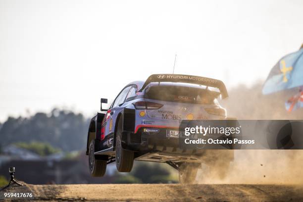 Hayden Paddon of New Zealand and Sebastien Marshall of Great Britain compete in their Hyundai Shell Mobis WRT Hyundai 20 Coupe WRC during the...