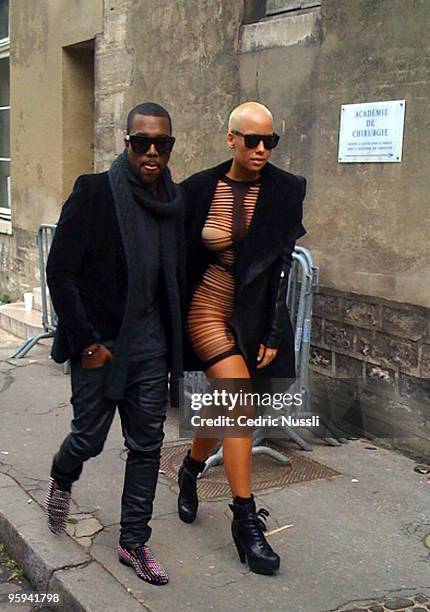 Kanye West and Amber Rose are sighted arriving at Paris Fashion Week on January 22, 2010 in Paris, France.