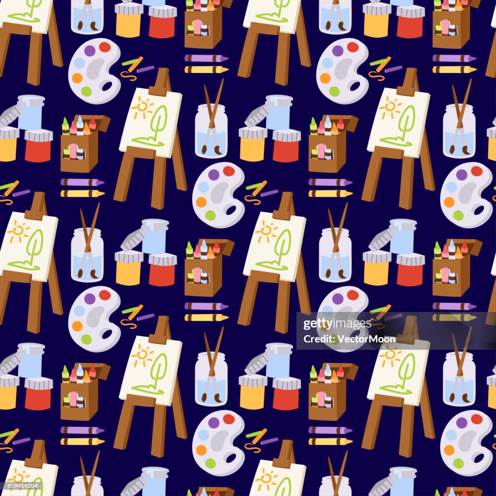 Painting art tools palette vector illustration details stationery creative paint equipment creativity artist instrument seamless pattern background