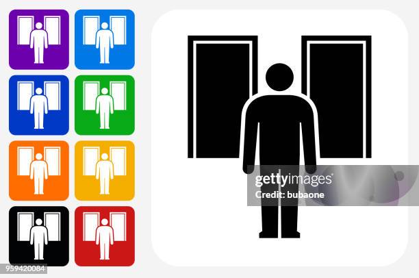 man silhouette facing doors icon square button set - multiple doors stock illustrations