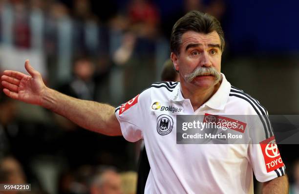 Heiner Brand, head coach of Germany reacts during the Men's Handball European Championship Group C match between Germany and Sweden at the Olympia...