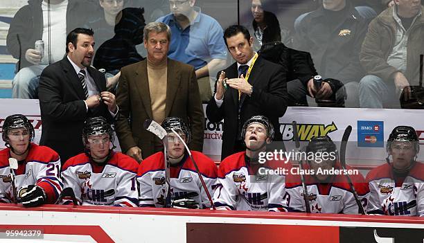 Coaches Bob Boughner, Bobby Orr, and Bob Jones of Team Orr call a time-out in the Home Hardware CHL/NHL Top Prospects game against Team Cherry on...