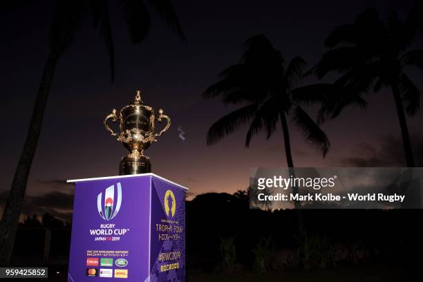 The Webb Ellis Cup is seen on display during Rugby World Cup 2019 Trophy Tour at the The Pearl Resort on May 17, 2018 in Pacific Harbour, Fiji.