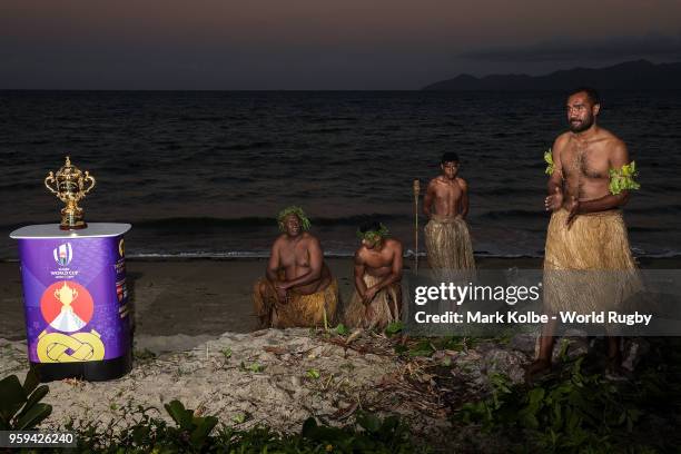 The Webb Ellis Cup is seen on display during a firewalking ceremony on the Rugby World Cup 2019 Trophy Tour at the The Pearl Resort on May 17, 2018...