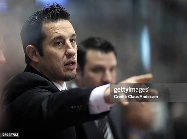 Assistant Coach Bob Boughner of Team Orr points to a play on the ice during the Home Hardware CHL/NHL Top Prospects game against Team Cherry on...