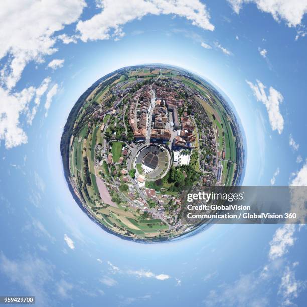 little planet view of roman amphitheatre, avenches in switzerland - avenches location stock pictures, royalty-free photos & images