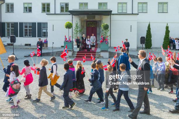 Prince Sverre Magnus of Norway, Princess Mette Marit of Norway and Princess Ingrid Alexandra of Norway, Prince Haakon Magnus of Norway greet the...