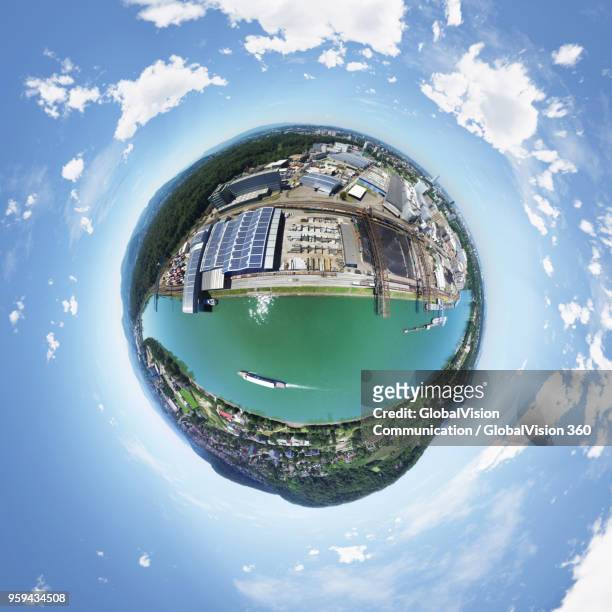 360° little planet above rhine river and basel port in switzerland - basel port stock pictures, royalty-free photos & images