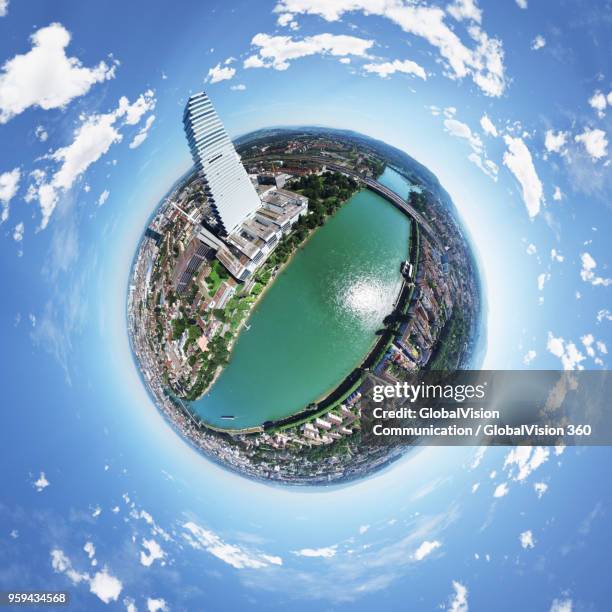 360° little planet view above roche tower in basel, switzerland - basel sommer stock-fotos und bilder