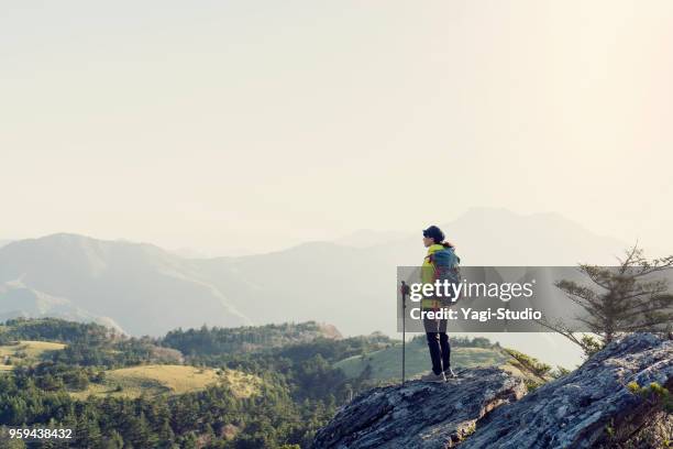 a woman hiking with a view from the rock - ehime prefecture stock pictures, royalty-free photos & images