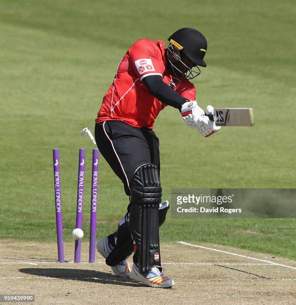 Michael Carberry of Leicestershire is bowled by Luke Procter during the Royal London One-Day Cup match between Northamptonshire and Leicestershire at...