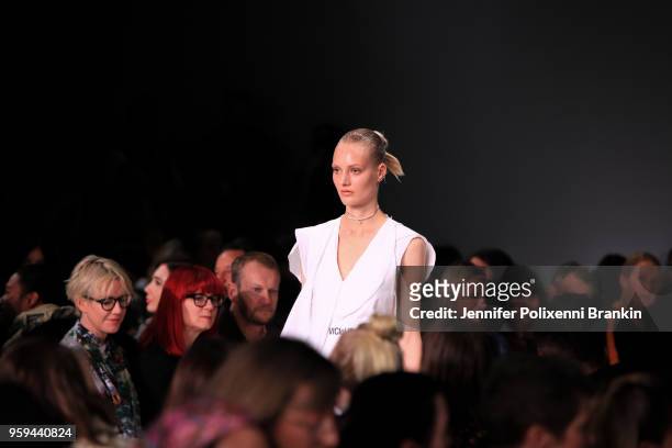 Model walks the runway during the Akira show at Mercedes-Benz Fashion Week Resort 19 Collections at Carriageworks on May 17, 2018 in Sydney,...