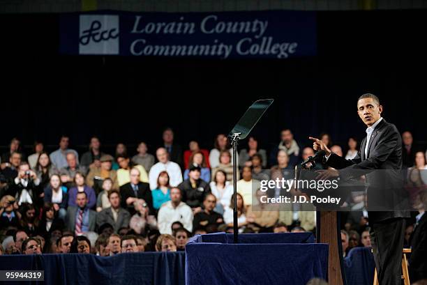 President Barack Obama speaks during a town hall meeting with Ohio students, workers, local leaders and small business owners at Ewing Field House on...