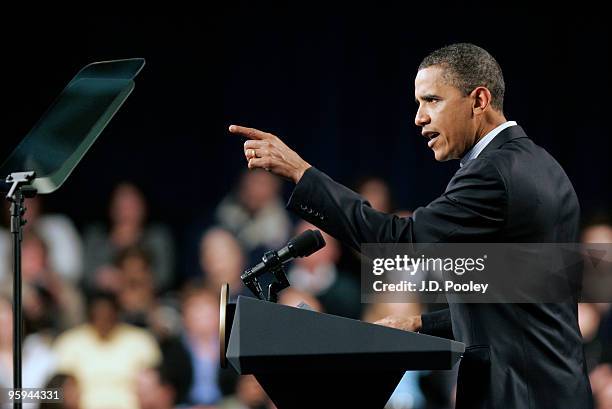 President Barack Obama speaks during a town hall meeting with Ohio students, workers, local leaders and small business owners at Ewing Field House on...