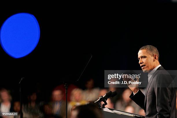 President Barack Obama speaks during a town hall meeting with Ohio students, workers, local leaders and small business owners at Ewing Field House on...