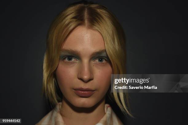 Model poses backstage ahead of the Hansen & Gretel show at Mercedes-Benz Fashion Week Resort 19 Collections at Carriageworks on May 15, 2018 in...