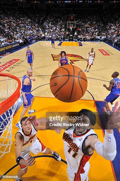 Vladimir Radmanovic of the Golden State Warriors rebounds during the game against the Cleveland Cavaliers at Oracle Arena on January 11, 2010 in...