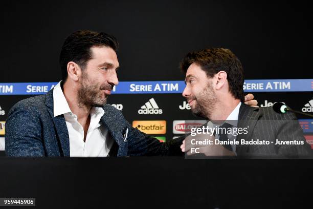 Gianluigi Buffon and Andrea Agnelli during a press conference at Allianz Stadium on May 17, 2018 in Turin, Italy.