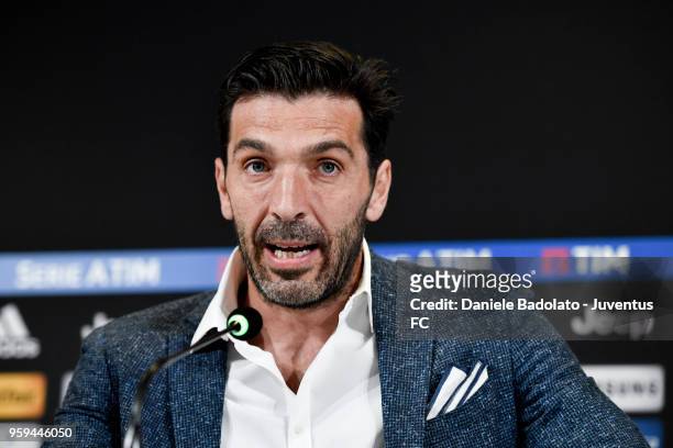 Gianluigi Buffon during a press conference at Allianz Stadium on May 17, 2018 in Turin, Italy.