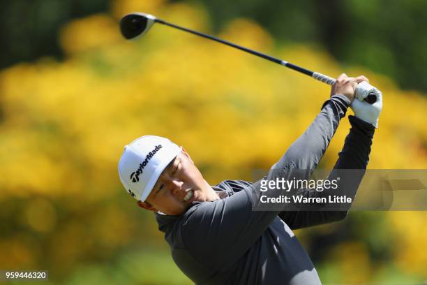 David Lipsky of the USA tees off the 9th hole during the first round of the Belgian Knockout at the Rinkven International Golf Club on May 17, 2018...