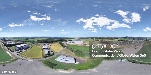360° aerial view of rural landscape in avenches, vaud canton, switzerland - avenches location stock pictures, royalty-free photos & images