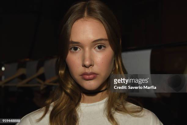 Model poses backstage ahead of the Hansen & Gretel show at Mercedes-Benz Fashion Week Resort 19 Collections at Carriageworks on May 15, 2018 in...