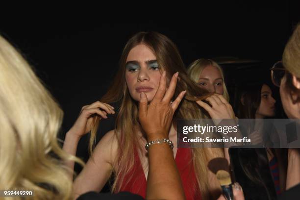 Model poses backstage ahead of the Hansen & Gretel show at Mercedes-Benz Fashion Week Resort 19 Collections at Carriageworks on May 15, 2018 in...