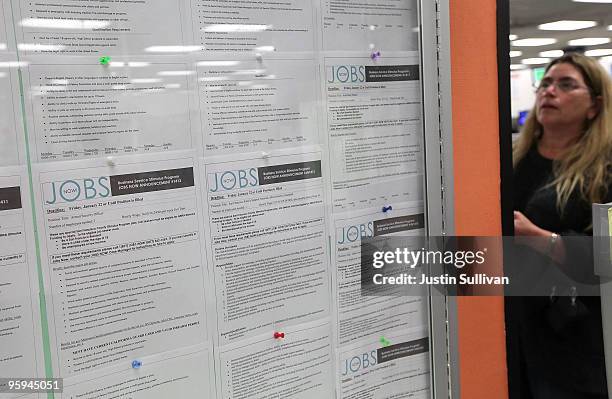 Job postings are displayed on a bulletin board at the Career Link Center One Stop job center January 22, 2010 in San Francisco, California. The...