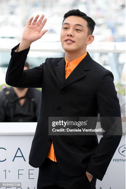 Actor Yoo Ah-in attends the photocall for the "Burning" during the 71st annual Cannes Film Festival at Palais des Festivals on May 17, 2018 in...