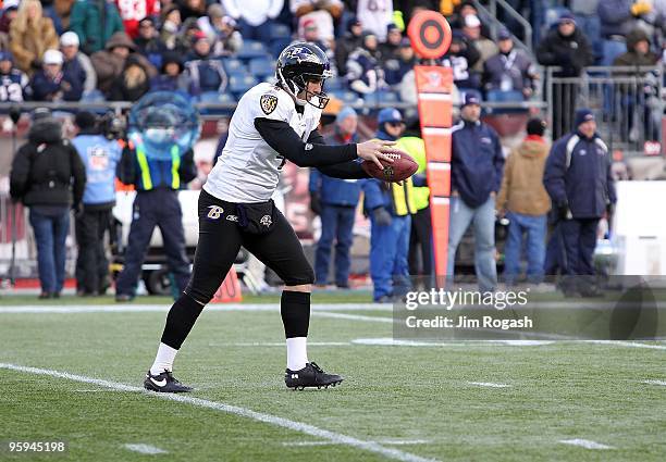 Sam Koch of the Baltimore Ravens punts the ball against the New England Patriots during the 2010 AFC wild-card playoff game at Gillette Stadium on...