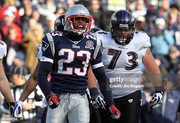 Leigh Bodden of the New England Patriots reacts against the Baltimore Ravens during the 2010 AFC wild-card playoff game at Gillette Stadium on...