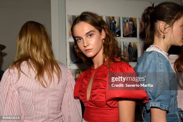 Model poses backstage ahead of the C/Meo Collective show at Mercedes-Benz Fashion Week Resort 19 Collections at Carriageworks on May 15, 2018 in...
