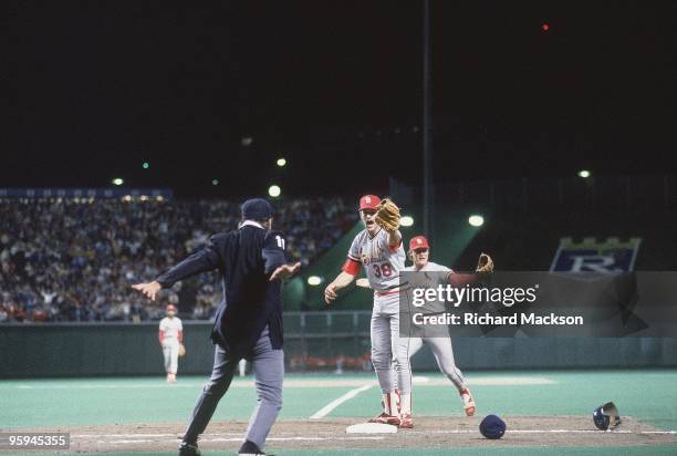 World Series: St. Louis Cardinals Todd Worrell upset with umpire Don Denkinger after making safe call at 1st base vs Kansas City Royals. Denkinger...