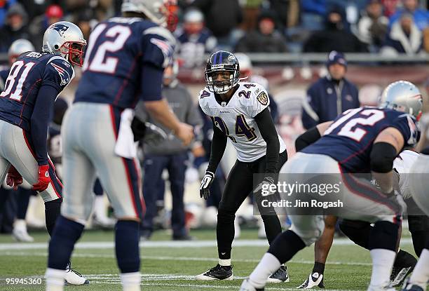 Dominique Foxworth of the Baltimore Ravens lines up on defense across from Randy Moss of the New England Patriots during the 2010 AFC wild-card...