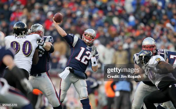 Quarterback Tom Brady of the New England Patriots throws a pass against the Baltimore Ravens during the 2010 AFC wild-card playoff game at Gillette...