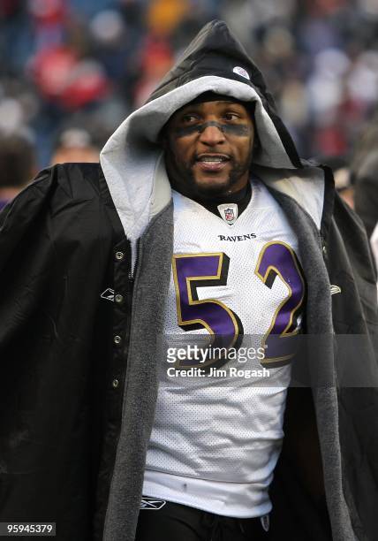 Ray Lewis of the Baltimore Ravens looks on from the sideline against the New England Patriots during the 2010 AFC wild-card playoff game at Gillette...