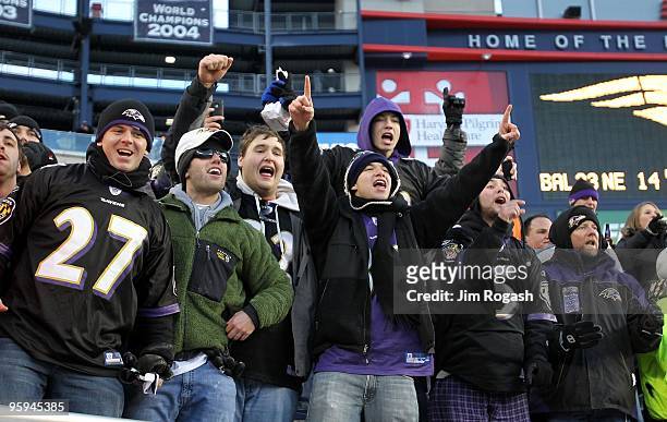 Fans of the Baltimore Ravens support their team after they won 33-14 against the New England Patriots during the 2010 AFC wild-card playoff game at...