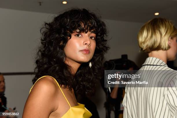 Model poses backstage ahead of the C/Meo Collective show at Mercedes-Benz Fashion Week Resort 19 Collections at Carriageworks on May 15, 2018 in...