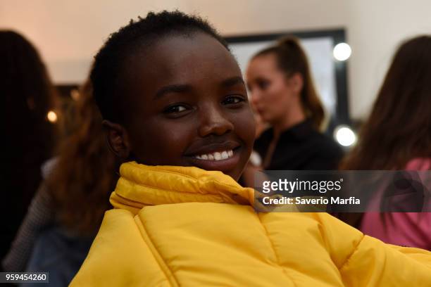 Model prepares backstage ahead of the C/Meo Collective show at Mercedes-Benz Fashion Week Resort 19 Collections at Carriageworks on May 15, 2018 in...