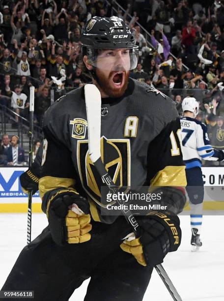 James Neal of the Vegas Golden Knights celebrates after scoring a goal against the Winnipeg Jets in the second period of Game Three of the Western...