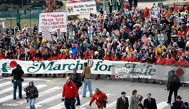 Activists participate in the annual "March for Life" event as they walk up Constitution Avenue towards U.S. Supreme Court January 22, 2010 in...