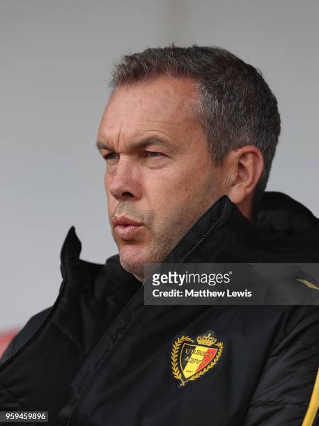 Thierry Siquet, manager of Belgium looks on during the UEFA European Under-17 Championship Semi Final match between Italy and Belgium at the New York...